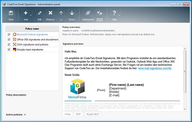 Programmfenster von CodeTwo Email Signatures