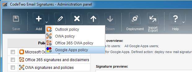 CodeTwo Email Signatures - Policy-Auswahl