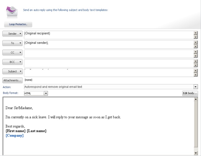 Exchange Rules Pro - Anpassung des Autoresponder-Templates