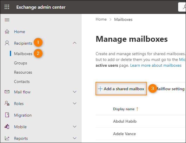 Hinzufügen eines neuen freigegebenen Postfachs im Exchange Admin Center