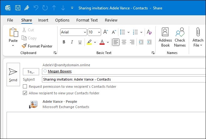 Versenden von freigegebenen Kontakten in einer E-Mail mit Outlook für Windows