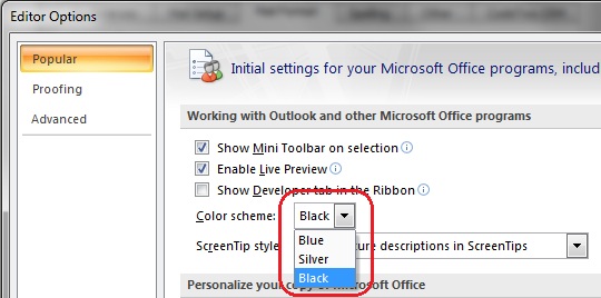 Auswahl des bevorzugten Farbschemas aus dem Drop-down-Menü in Outlook 2007