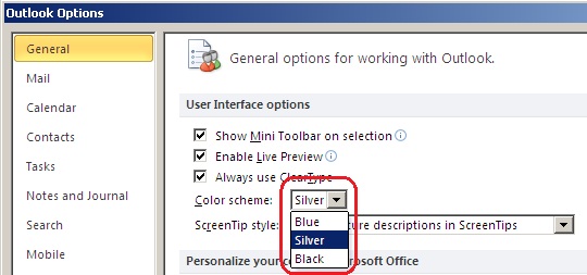 Auswahl des bevorzugten Farbschemas aus dem Drop-down-Menü in Outlook 2010