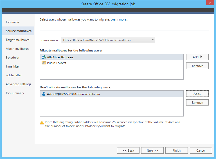 Office 365 Migration source mailboxes