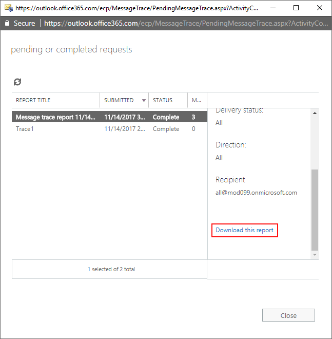 EAC Message Trace-Berichte herunterladen