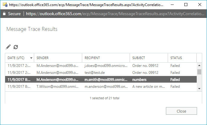 Message Tracing-Berichte - Liste