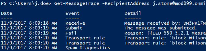 Message Tracking in O365 PowerShell3
