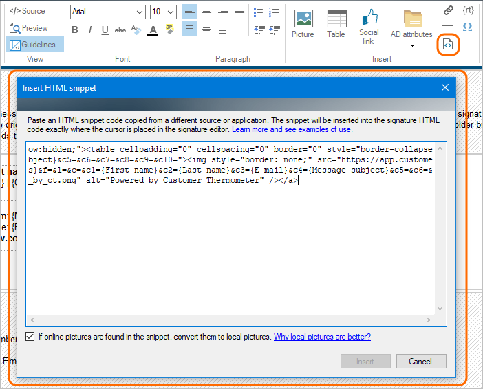 Insert HTML snippet