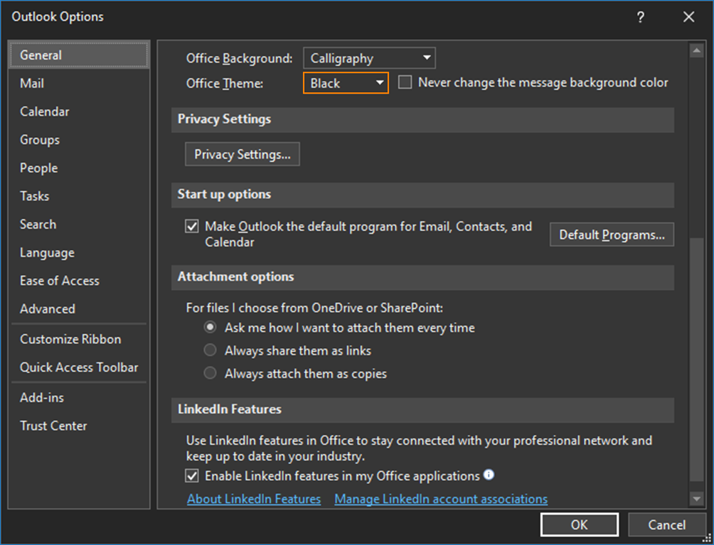 Office-Theme auf Black setzen, dann Dark Mode aktivieren.