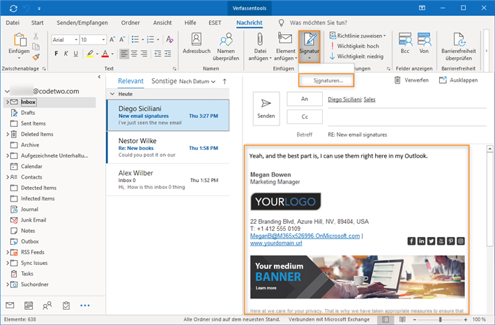 CodeTwo Signatures Add-in for Outlook in Outlook-Hauptmenü