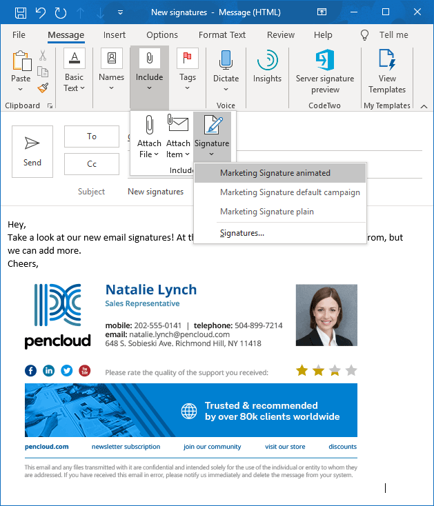 Auswahl der Signatur in Outlook
