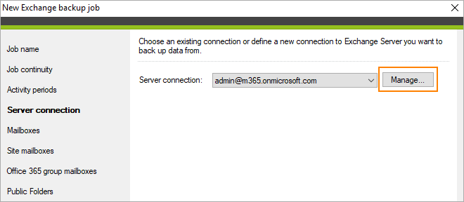 Neuer Backup-Job: Serververbindung