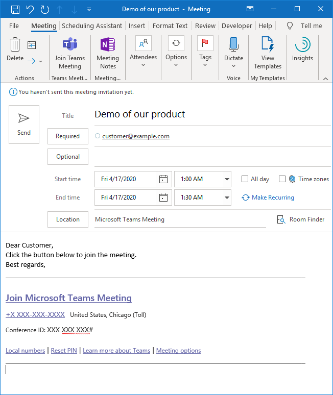 Microsoft Teams: standardmäßige Besprechungseinladung