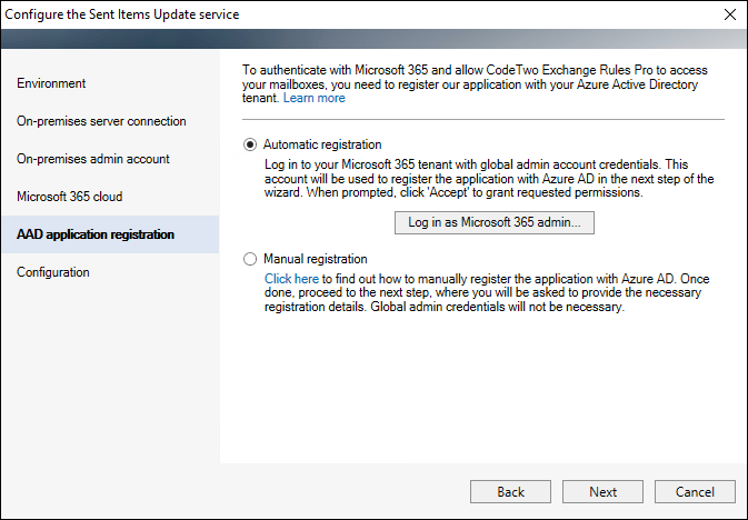 CodeTwo Exchange Rules: Registrierung in AAD