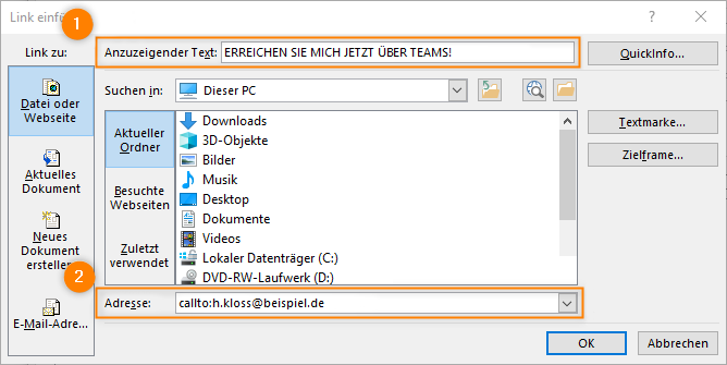 Outlook: Link einfügen