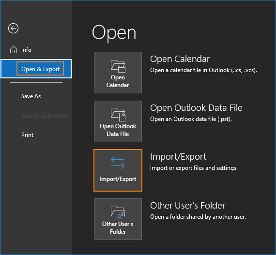 Einstellungen für Import und Export in Outlook
