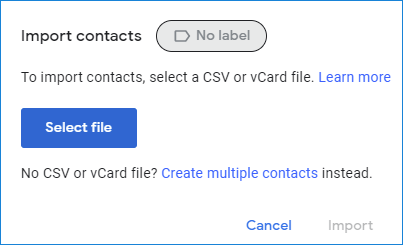 Importieren von Kontakten in Gmail – Auswahl der Datei und des Labels