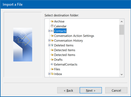 Outlook-Kontakte in Outlook importieren - Zielordner auswählen