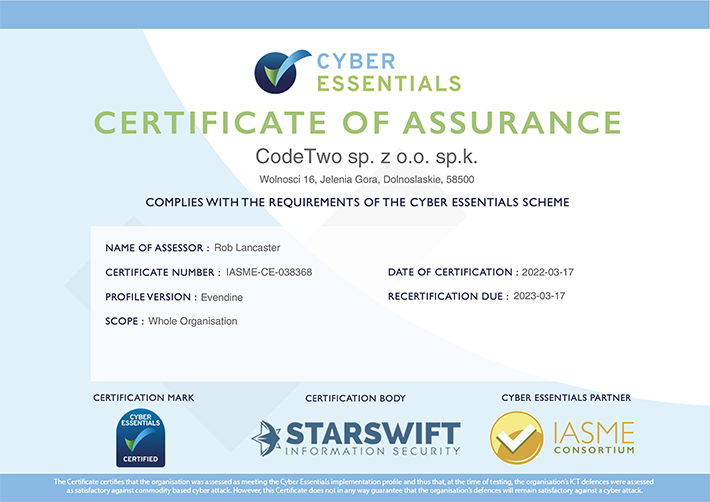 Cyber Essentials-Zertifikat von CodeTwo