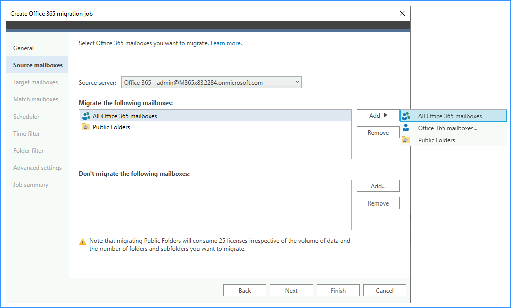 Auswählen von Office 365-Quellpostfächern