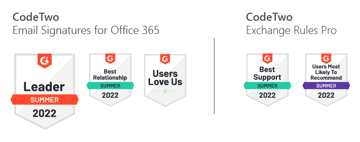 G2 Badges: CodeTwo Email Signatures for Office 365 und CodeTwo Exchange Rules Pro
