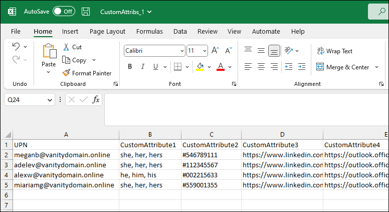 CSV-Datei mit benutzerdefinierten Attributen für Massenaktualisierung