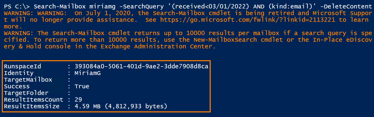 delete email from mailbox exchange online powershell