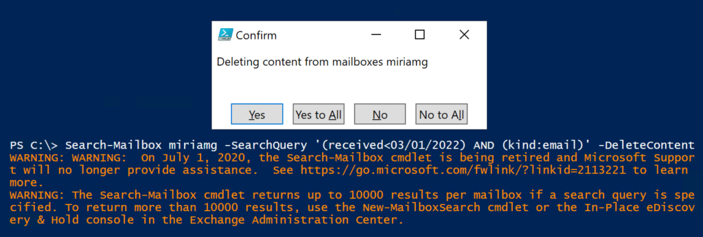 Inhalt mit Search-Mailbox löschen - Warnung