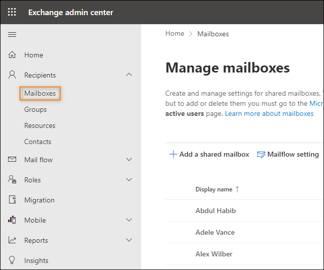 Anzeigen von Benutzerpostfächern im Exchange Admin Center (EAC)
