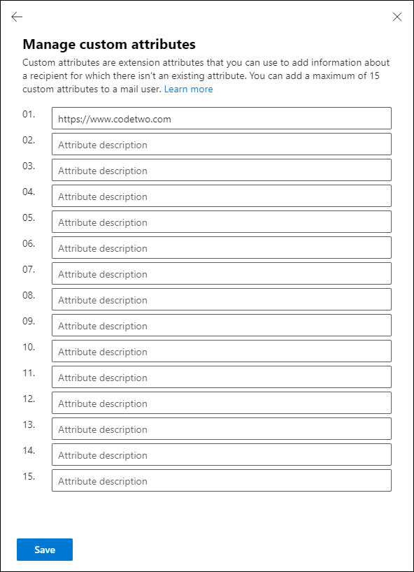 Der Bereich, in dem Sie benutzerdefinierte Office 365-Attribute für den ausgewählten Benutzer einrichten können