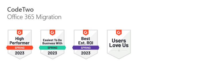 G2-Badges für CodeTwo Office 365 Migration - Frühling 2023