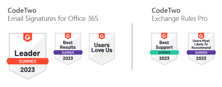 G2 Badges für die E-Mail-Signatur-Tools von CodeTwo im Sommer 2023