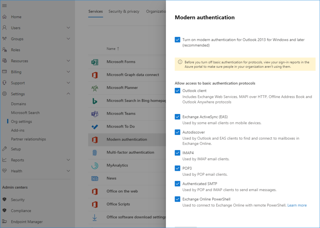 Deaktivierung der Standardauthentifizierung Microsoft 365