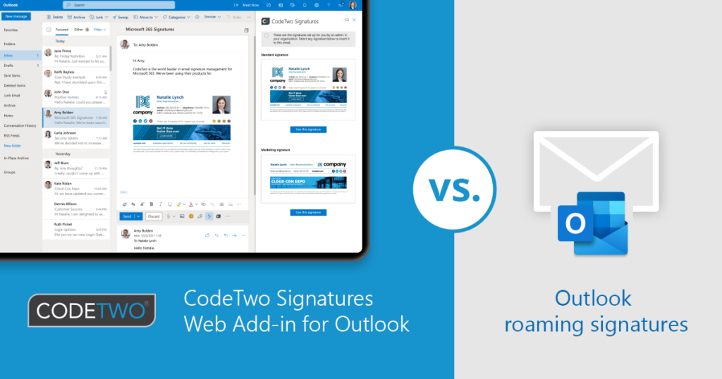 Vergleich der Signatur-Cloud-Einstellungen und CodeTwo Signatures Web Add-in for Outlook