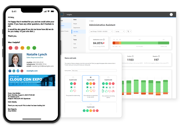 Beispiel für eine Ein-Klick-Umfrage von CodeTwo und das Dashboard von CodeTwo Insights