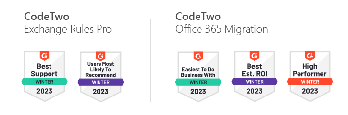 G2.com Badges für die Migrations- und Exchange-Server-Produkte von CodeTwo im 2023