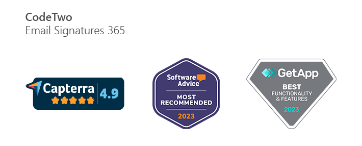 2023 Badges für CodeTwo Email Signatures 365 von den Softwarebewertungsportalen von Gartner Digital Markets