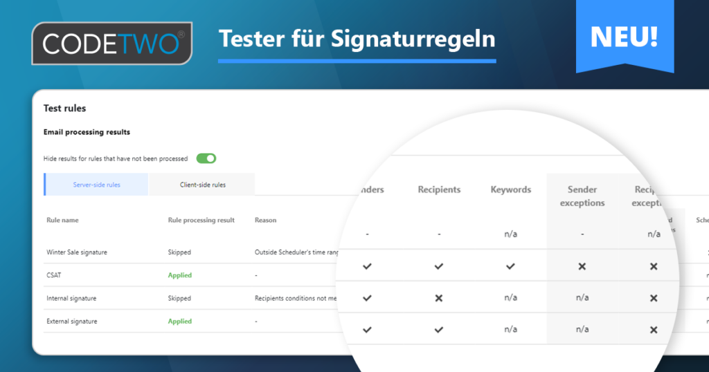 Tester für Signaturregeln: überprüfen Sie, ob Ihre Regeln wie beabsichtigt funktionieren