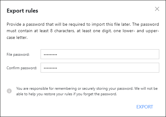 Exportieren von CodeTwo-Regeln – Passwortangabe