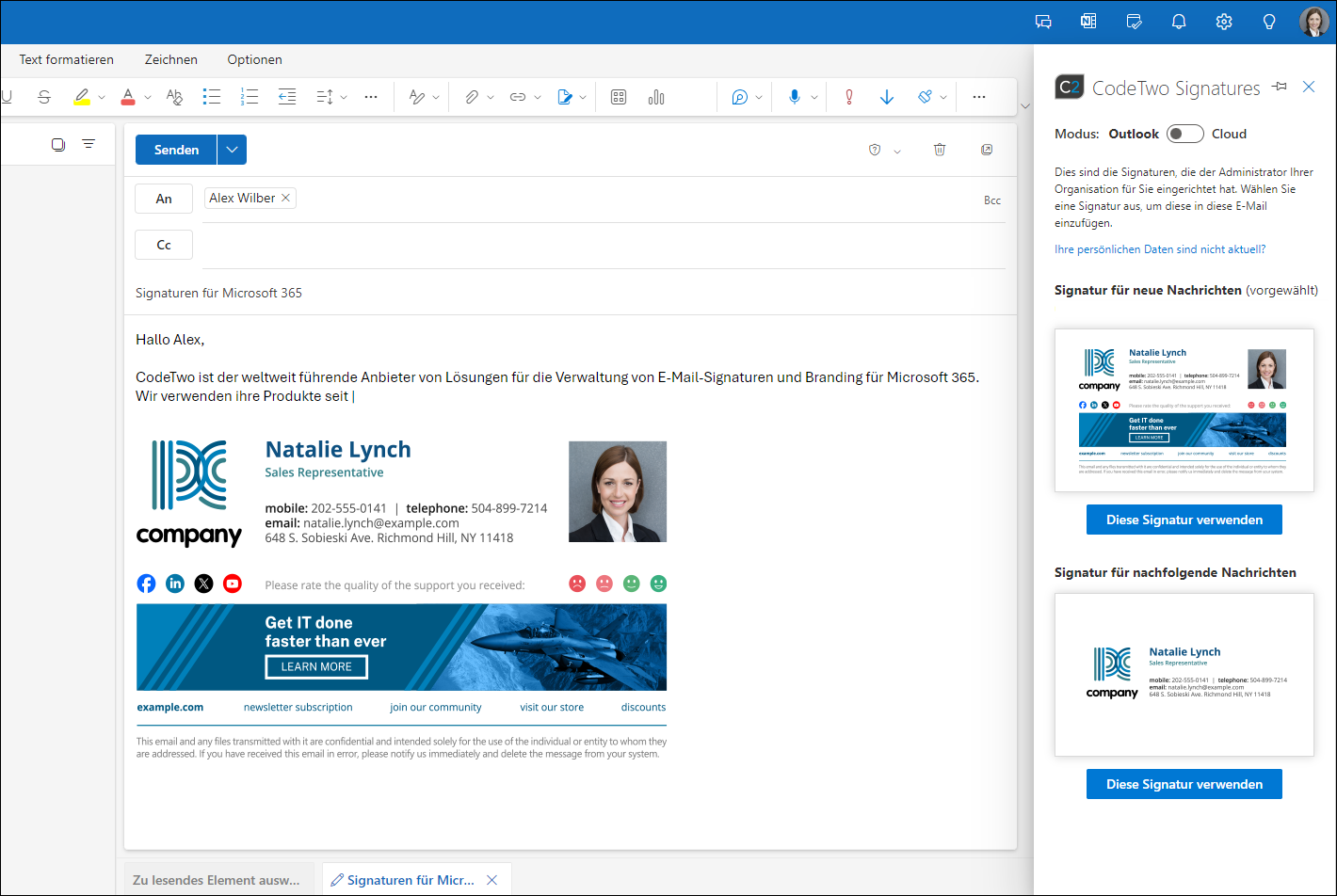 CodeTwo Web Add-in for Outlook in deutscher Sprache