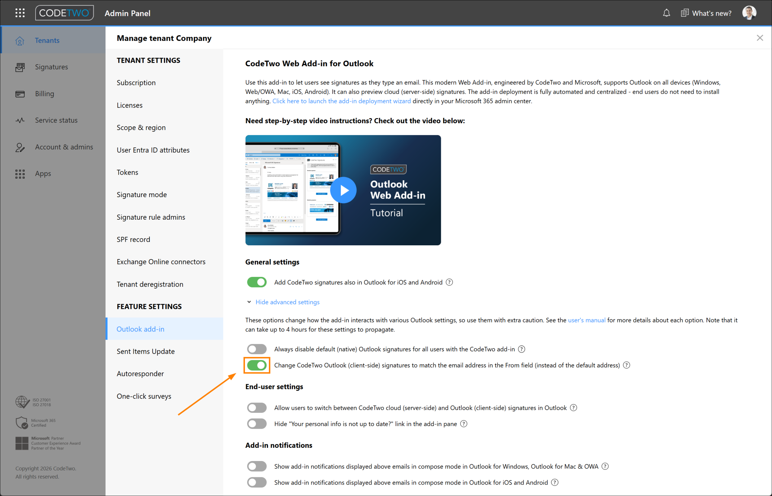 Add-in-Einstellungen im CodeTwo Admin Panel