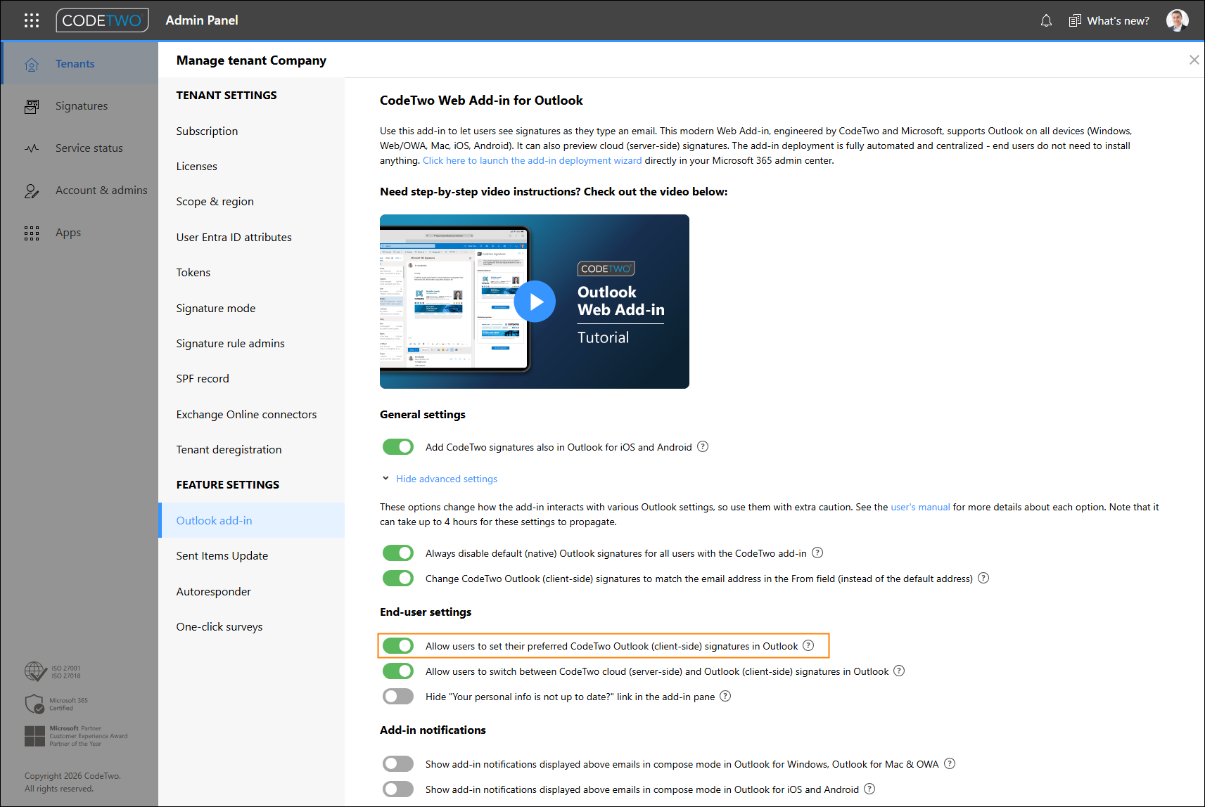 Aktivieren bevorzugter Signaturen im CodeTwo Admin Panel