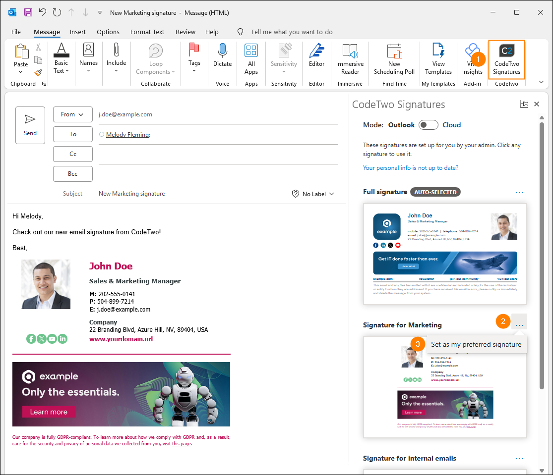 Festlegen einer bevorzugten CodeTwo-Signatur in Outlook