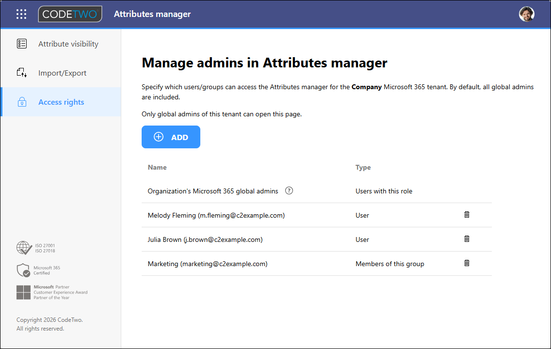 Delegieren von Zugriffsrechten für den CodeTwo Attributes Manager