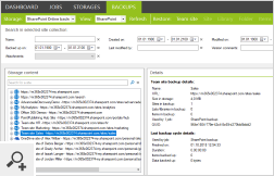 Im Tab Backups können Sie die Ansicht auf SharePoint-Backups umstellen. Damit können Sie die gesicherten Daten von SharePoint- und OneDrive for Business-Websites problemlos durchsuchen.