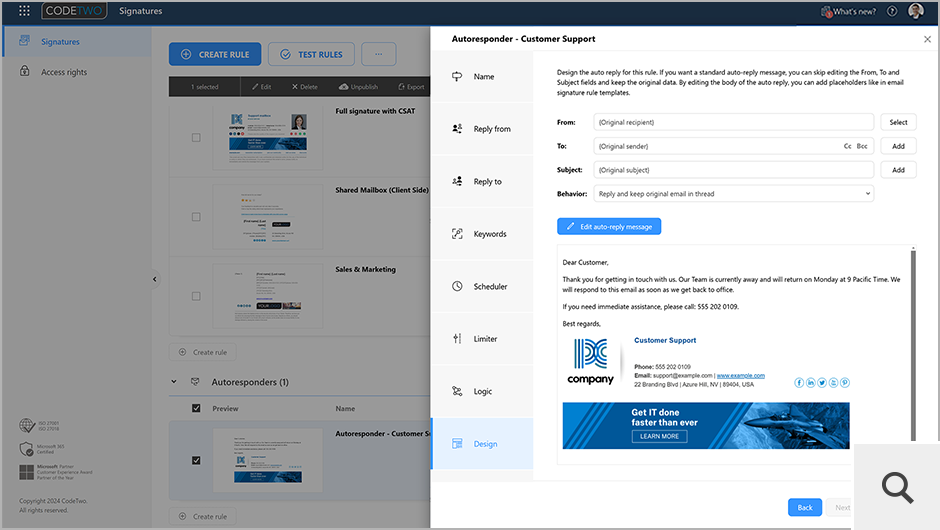 CodeTwo Email Signatures 365 verfügt außerdem über die Autoresponder-Funktion, mit der Sie automatische Antworten und Abwesenheitsnotizen für alle Benutzer in Ihrer Organisation erstellen und verwalten können.