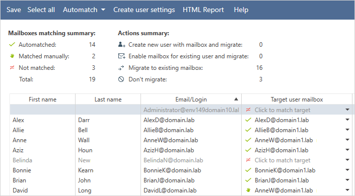 Auto matching of user mailboxes