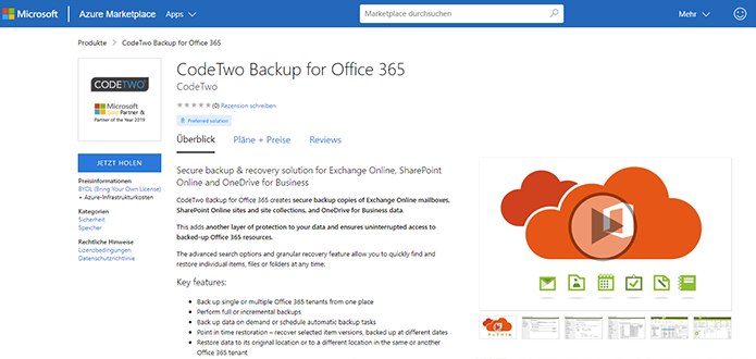 CodeTwo Backup for Office 365 verfügbar auf Azure Marketplace.