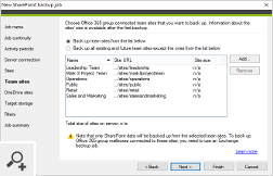 Ein SharePoint-Backupjob sichert SharePoint Online-Websitesammlungen, Teamwebsites und OneDrive for Business-Daten.