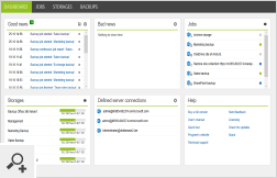 Im Dashboard finden Sie eine Übersicht der Programmaktivitäten. Angezeigt wird dort der Fortschritt aller Backup- und Wiederherstellungsjobs und Angaben zu eventuellen Problemen.